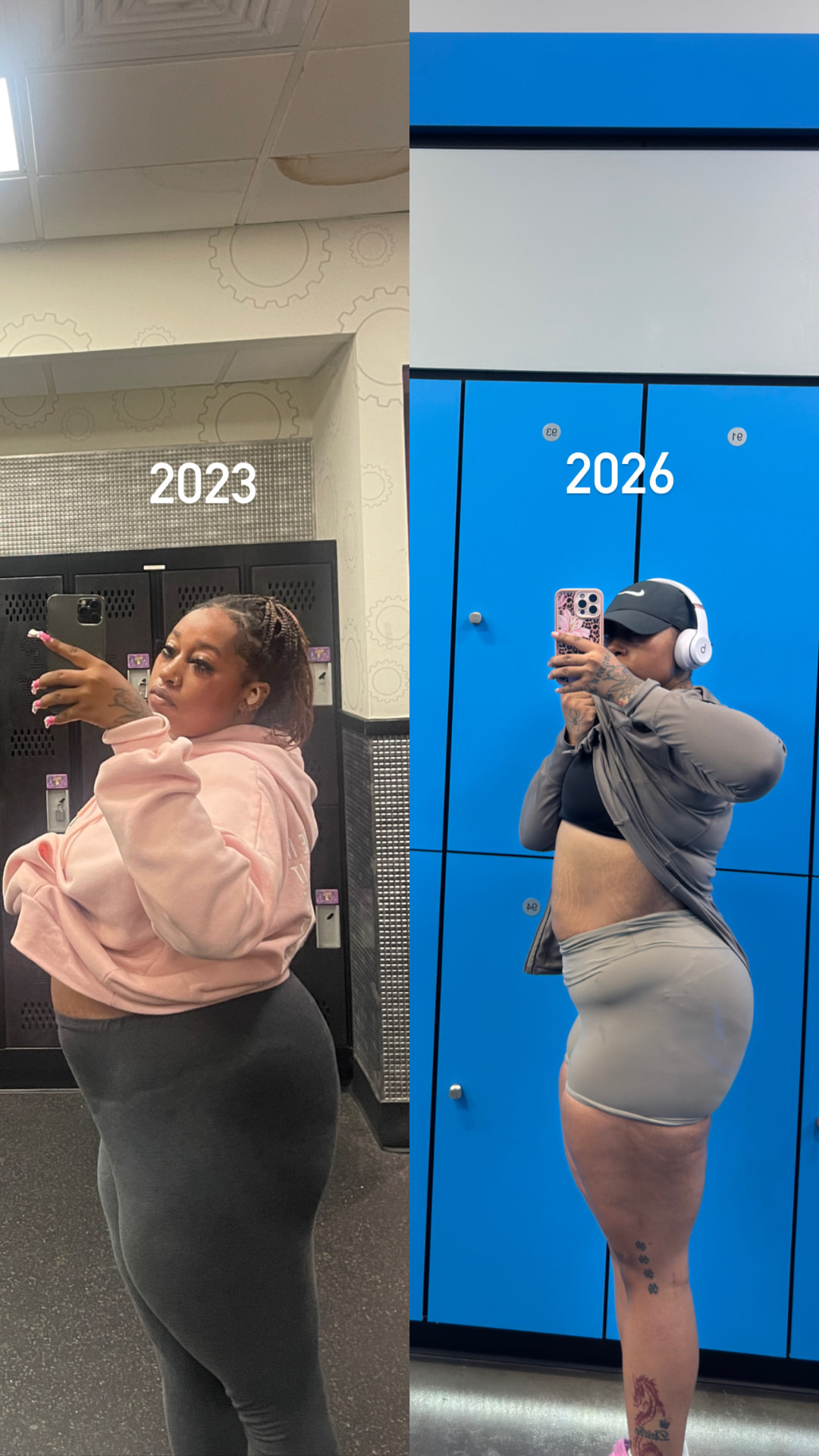 Client transformation from 2023 to 2026 shown in gym mirror progress photos